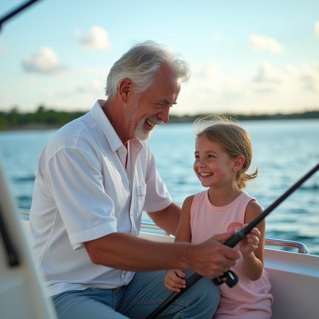 AquaGlimmer captain teaching a child how to fish with a warm smile