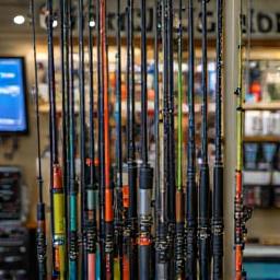 AquaGlimmer fishing rods display rack in the shop